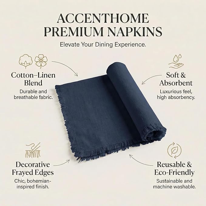 ACCENTHOME Navy Cotton Linen Napkin Set of 12 18x18 inch Dinner Napkins - Washable Soft Premium Hotel Quality Reusable Hemmed Edges Napkins Perfect Table Linens for Family Dinners, Weddings