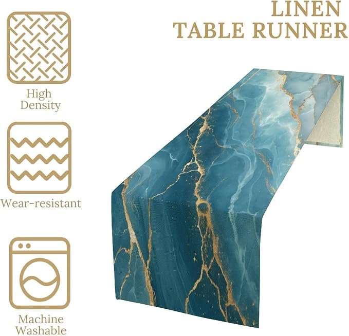 Blue Gold Marble Table Runner,Modern Luxury Abstract Painting Art Pattern Table Runner for Coffee Table Dining Room Table Bedroom Party Holiday Decor 13x72inch