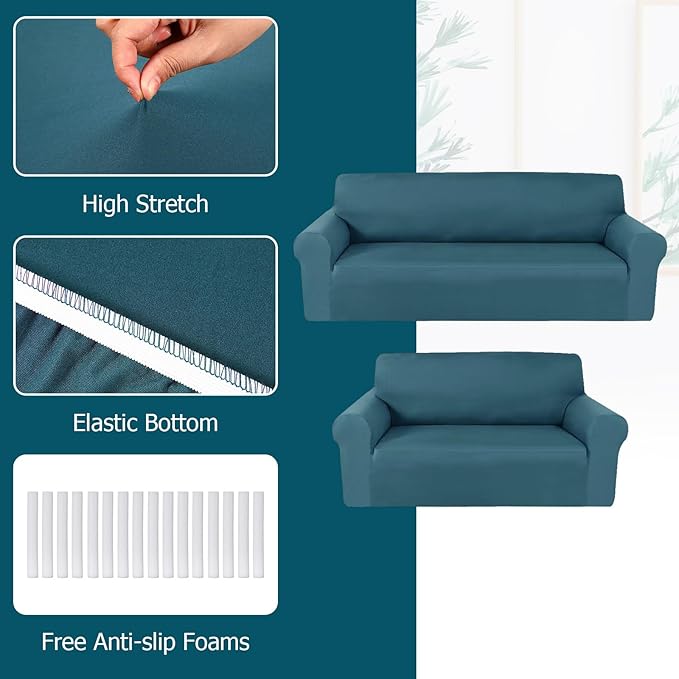 Peryiter 2 Pcs Sofa Covers Couch and Loveseat Covers Set Stretch Sofa Slipcover for Living Room Armchair Furniture Protector, Wrinkle Proof(Peacock Blue,Milk Silk)