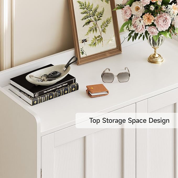 ComfyCorner White 7+1 Tier Farmhouse Shoe Storage Cabinet - 45" Tall Entryway Organizer with Cross Molding Doors, 3 Adjustable Shelves & Metal Legs, Shoe Rack for Front Door Entrance