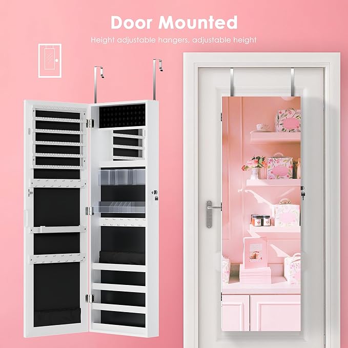 PEALSN Full Length Mirror Jewelry Organizers and Storage Cabinet, Wall or Door Mounted, Necklace Ring Earring, and Makeup Storage Lockable Gift Armoire, White.