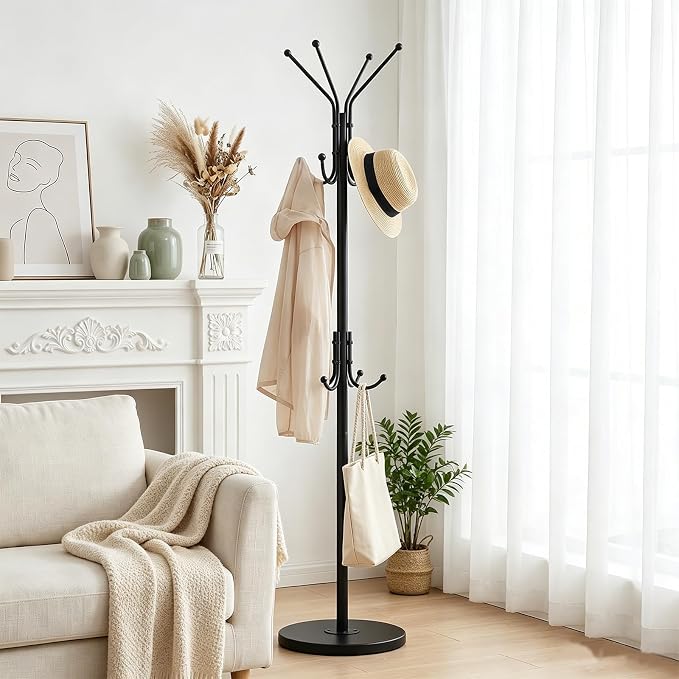 Freestanding Coat Rack with 12 Hooks,Modern Coat Stand with Wood Base for Entryway, Bedroom, Office, 3 Adjustable Height Coats Hanger Stand for Coats, Hats, Handbags and Scarves, Black