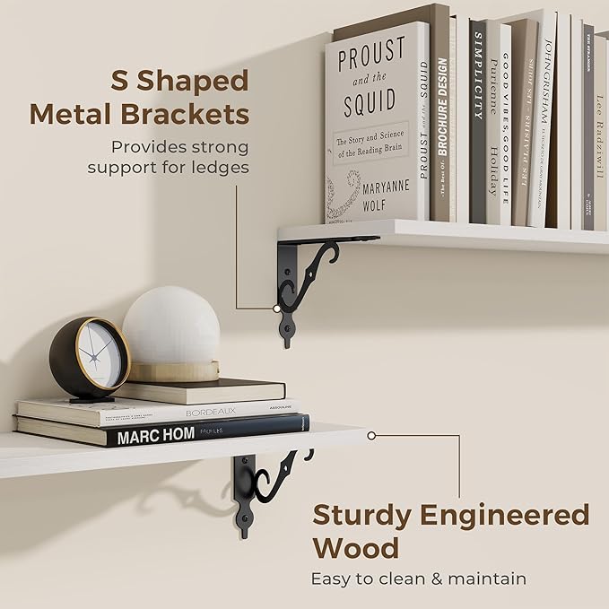 RICHFOCUS Floating Shelves for Wall Decor, 8 Inch Deep Shelves Set of 2, 16W x 8D Floating Shelves Wall Mounted with Metal Brackets, Rustic Wood Shelves for Living Room Bedroom Kitchen, White