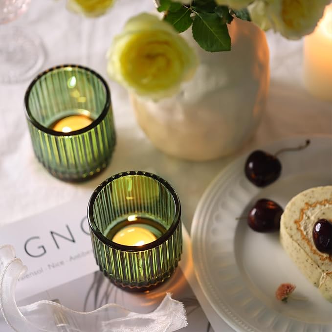DEVI 8pcs Large Green Votive Candle Holders for Wedding Centerpieces, Glass Tea Lights Candle Holder Decor, Wedding Bridal Shower Party Table Decor, Vintage Boho Easter Decor for Table Centerpiece