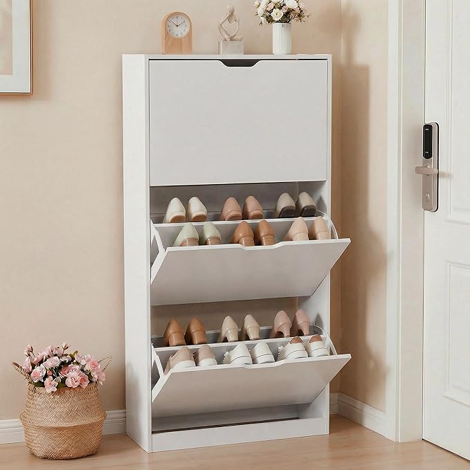 Shoe Cabinet with 3 Flip Drawers, Hidden Wood Shoe Cabinet，Narrow Shoe Rack Cabinet，Freestanding Organizer Storage for Hallway or Hallway, White