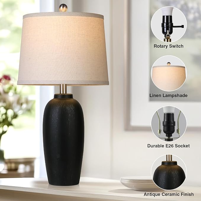 Jar Table Lamps Set of 2, 25" Ceramic Bedside Lamps for Living Room, Black Farmhouse Nightstand Lamps for Bedroom
