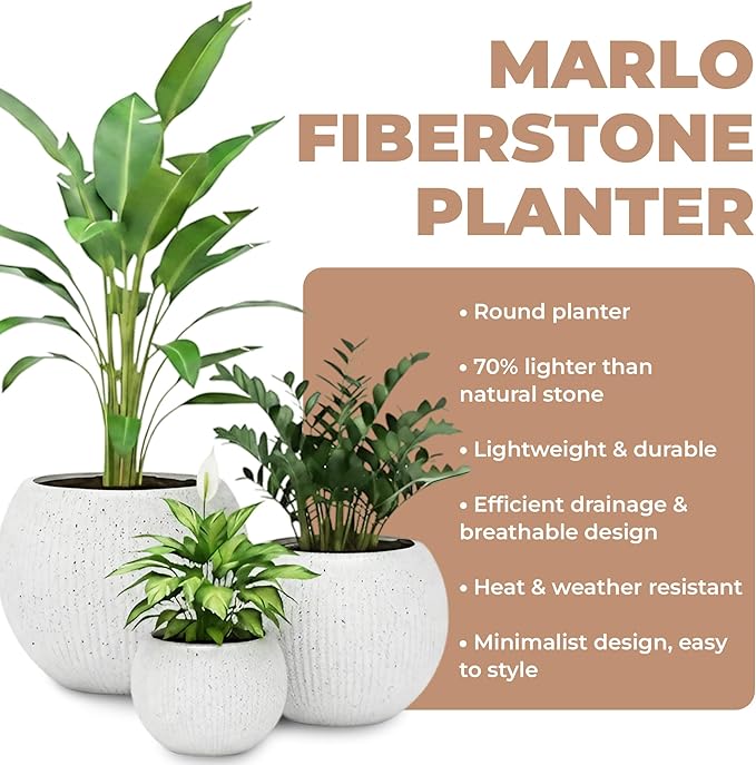 Marlo Fiberstone Round Planter (8.5" Pot Opening x 12..6"D x 9.8"H) Ribbed Finishes, Lightweight, Durable, UV Resistant, Modern Minimalist Home Decor, Indoor Outdoor Pot (S, Ribbed White)