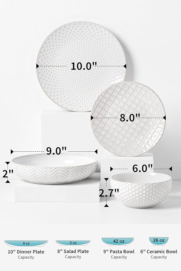 FOBENTA 24-Piece Ceramic Dinnerware Set,Large Plates and Bowls Set for 6,Elegant Dish Set for Families & Entertaining–Microwave & Dishwasher Safe Tableware (Double Bowl)