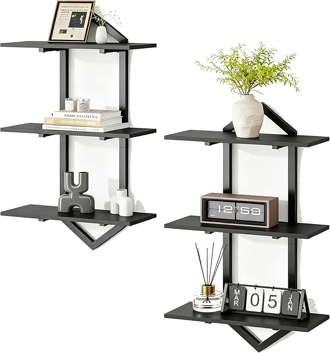 3 Tier Floating Shelves, Set of 2 Wall Shelves for Living Room, Modern Geometric Wooden Shelf for Wall Decor, Hanging Storage Shelf for Bedroom Bathroom Kitchen Home Office (Black)