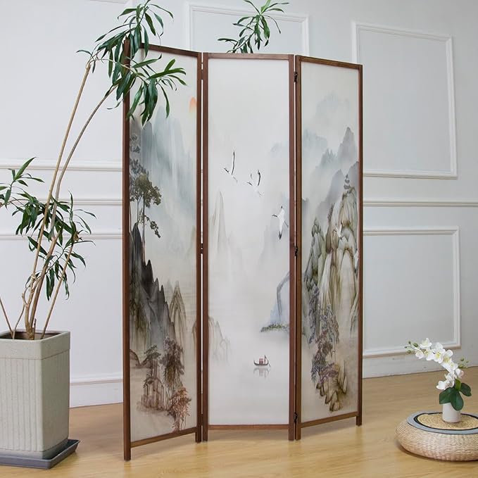 Furnnylane 3 Panel Room Divider Screen,Double Faced Room Divider Folding Wall Divider for Room Separation,Mountains and Waters Landscape,67" H x 47.2" W