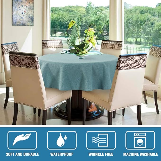 H.VERSAILTEX Linen Textured Tablecloth Round 60 inch Waterproof Decorative Table Cloth Spill-Proof Linen Look Cover for Party Table Extra Soft and Thick Fabric Wrinkle Free, Heather Aqua