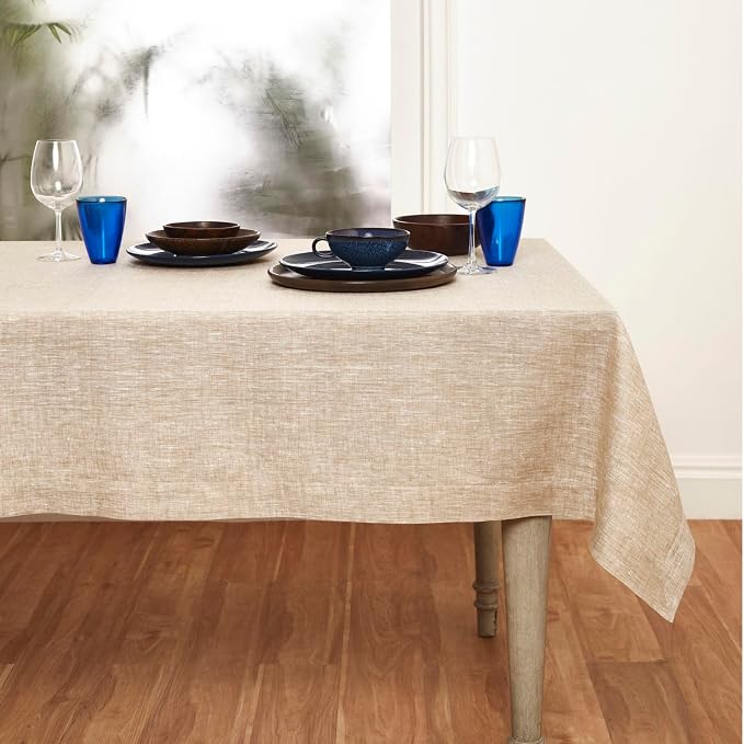 Solino Home Linen Tablecloth 60 x 108 Inch - 100% Pure Linen Champagne Beige Table Cloth for Rectangular Tables - Athena, Machine Washable Cloth Tablecloth for Fall, Thanksgiving, Christmas, Holiday