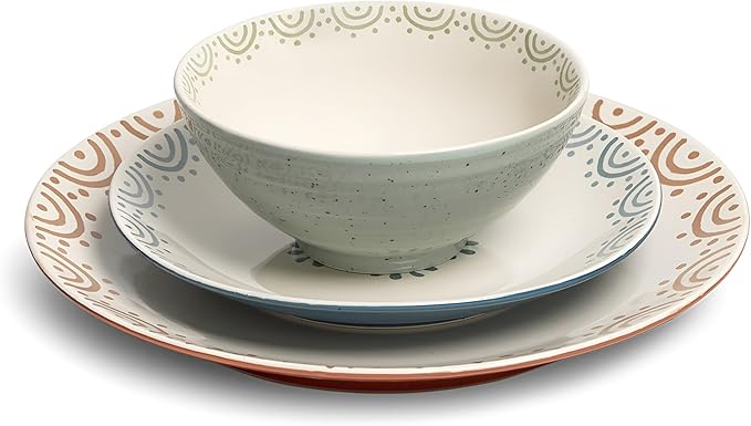 Sango 12-Piece Speckled Stoneware Dinnerware Set for 4- Glossy Plates and Bowls Set with Hand-Painted Floral Pattern, Rustic Ceramic Dish Set, Elegant Dishes for Everyday Dining, Siterra Glazed Garden