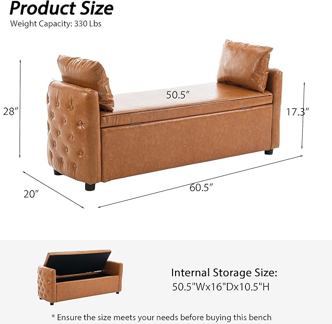 Storage Bench for Bedroom, 60" End of Bed Bench for King Size Bed,Tufted Bench Modern Upholstered Long Ottoman Bench with Arm (Camel Brown, Faux Leather-60 Wide)