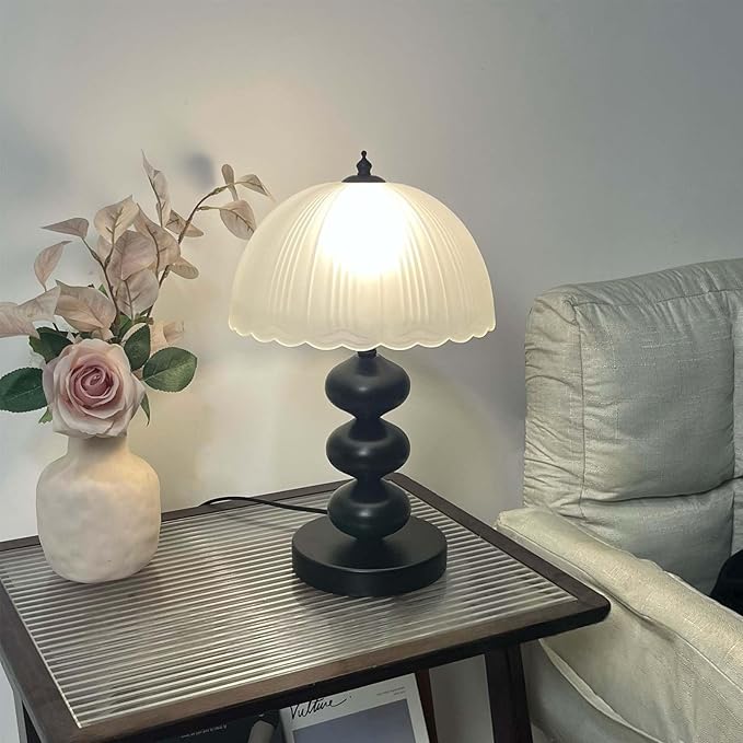 14" Metal Desk Lamp Vintage Frosted Glass Table Lamp,Mid Century Black Glass Flower Table Lamp with 3 Color Temps,for Bedroom, Study, Living Room