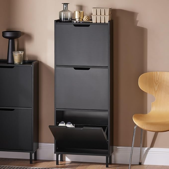 Haotian Slim Shoe Cabinet Entryway, Hidden Shoe Storage with Three Flip Drawers to Save Space, Freestanding Shoe Rack for Front Door, Entryway, Hallway (Black)