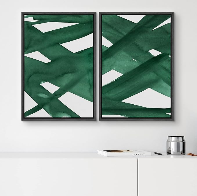 SIGNWIN Framed Wall Art Print Set Intersecting Lines Dark Green Colors Geometric Shapes Illustrations Modern Art Contemporary Dramatic Dark for Living Room, Bedroom, Office - 24"x36"x2 Black