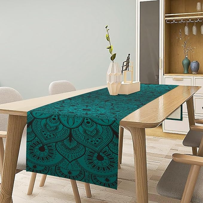 Boho Mandala Table Runners for Dinning Room, Bohemian Mandala Flower, Cotton Linens Green Table Runner Table Cloth for Wedding Party Holiday Home Decor, 13x108 Inch