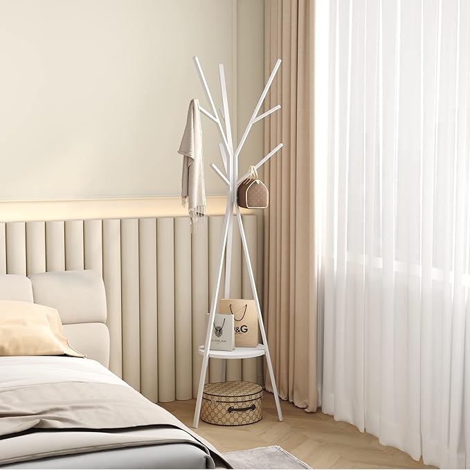 HOME BI Coat Rack Hat Stand Free Standing Display Hall Tree Metal Hat Hanger Garment Storage Holder with 9 Hooks for Clothes Hats and Scarves in White,17.72" Wx17.72 Dx70.87 H