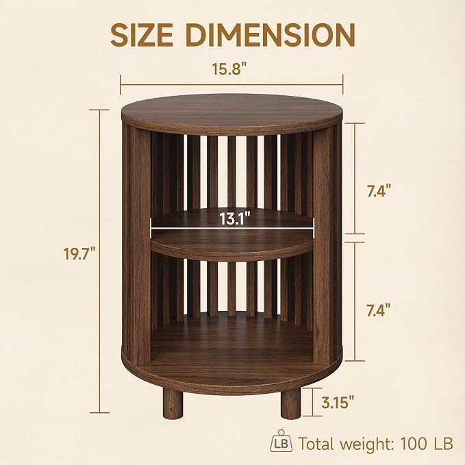 Round End Table, Wood Bedside Table, Mid Century Modern Nightstand with Open Storage Shelf, 3 Tier Small Side Tables for Living Room, Bedroom, Curved Profile Design, Walnut(1-Pack)