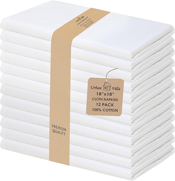 Urban Villa Cloth Napkins 100% Cotton Highly Absorbent Washable Durable Reusable Premium Dinner Napkins Ideal for Gifts for Mothers Day Hotel Farmhouse Parties - White (18" x 18", Set of 12)