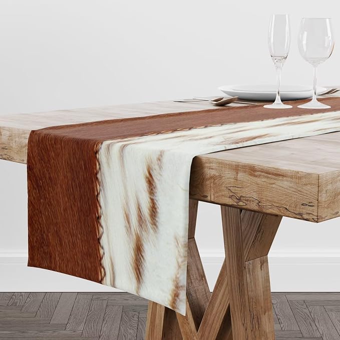 Cow Print Table Runner, Brown White Cowhide Print Western Style Table Runner Country Farmhouse Cottage Cow Patten Table Decoration for Home Kitchen Dining 13x90 Inch