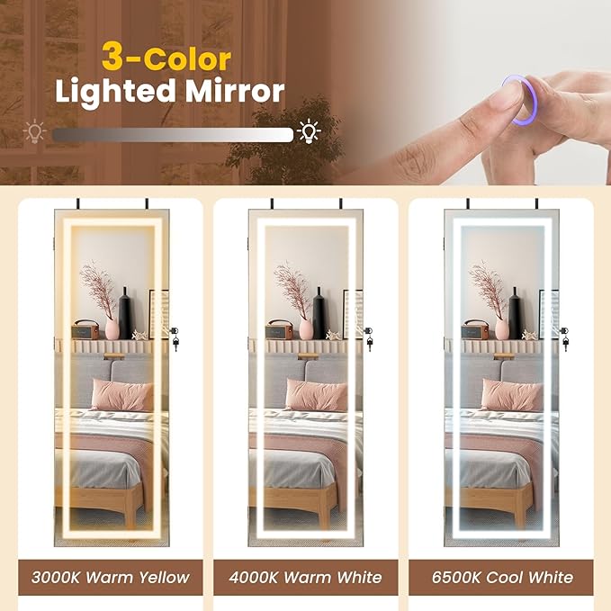 GOFLAME LED Mirror Jewelry Cabinet 42.5”, Wall/Door Mounted Full Length Mirror with Storage, 3-Color Lights, Interior Makeup Mirror, Jewelry Storage Organizer, Lockable Jewelry Armoire, Rustic Brown