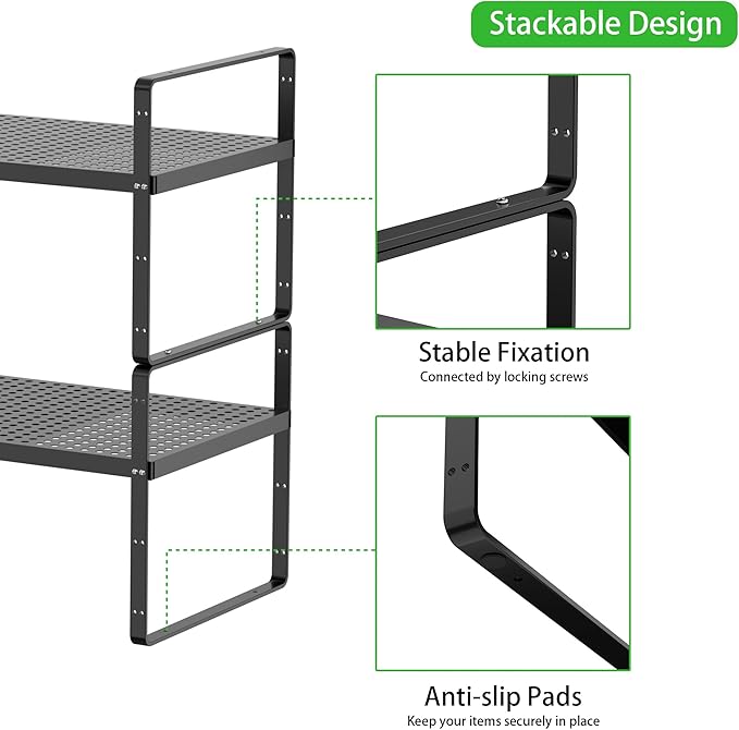 Expandable Cabinet Storage Shelf Stackable Organizer Rack for Kitchen Bathroom Pantry Spice Cupboard Coffee Countertop Home Office Desk Heavy Duty Nonslip Black Small 2 Packs