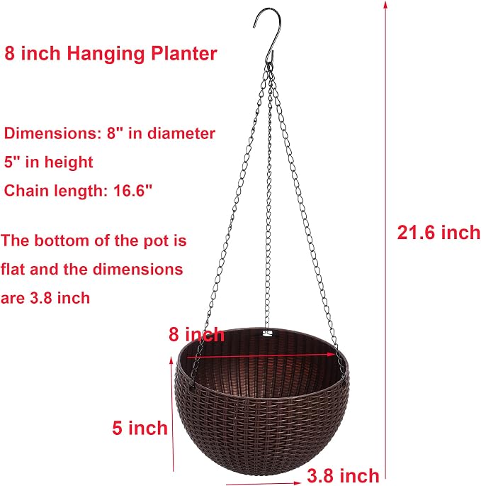 Hanging Basket Plastic Flower Pot Round Resin Garden Hanging Planter for Indoor Outdoor Plants 2 Pack Brown