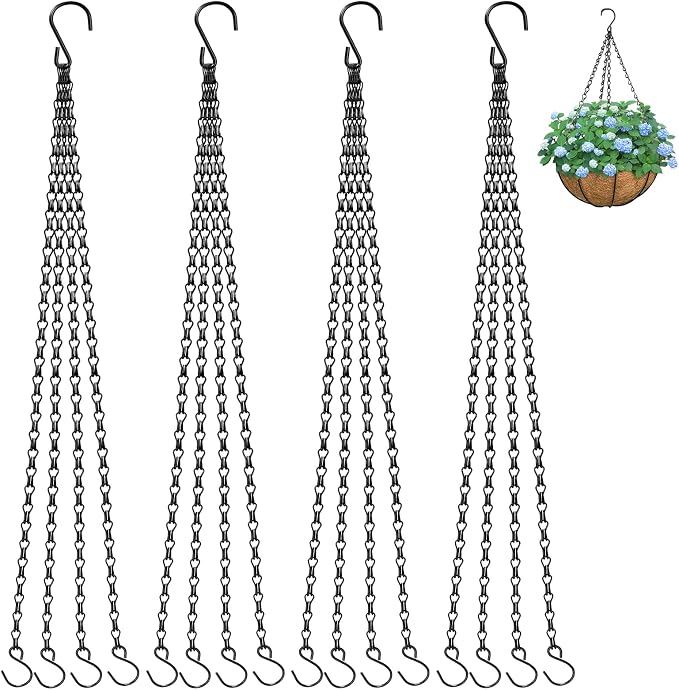 ZeeDix 4 Pack, 16 Inch Hanging Basket Chain with Hooks, Black Metal Planter Flower Pot Chain for Hanging Plants Outdoor, Adjustable Replacement Chain for Lanterns, Bird Feeders and Flowers