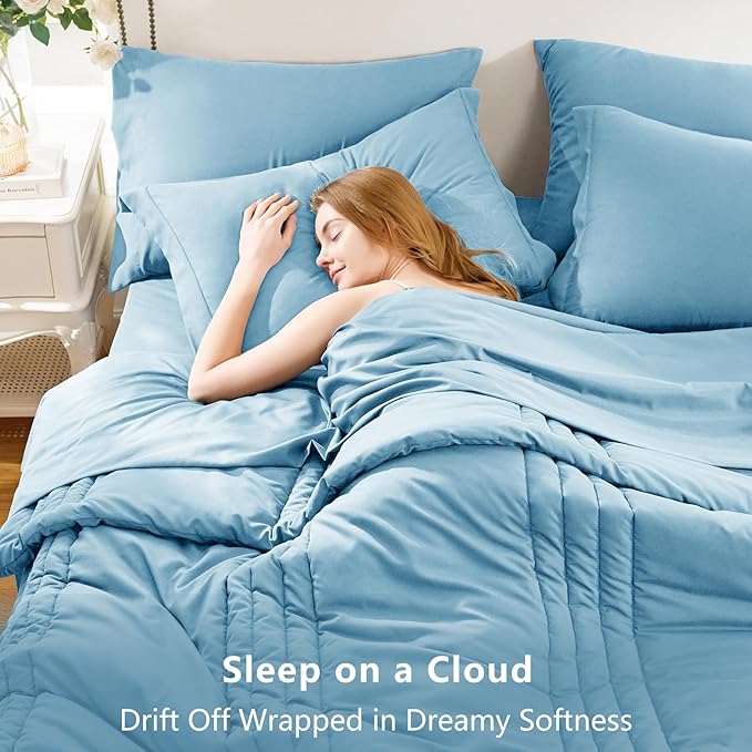 CozyLux Queen Size Comforter Sets - 7 Piece Bed in a Bag Aqua Blue Comforter Set with Sheets Luxury Bed Set All Seasons, Soft Bedding Set with Down Alternative Comforter, Sheets, Pillowcases & Shams