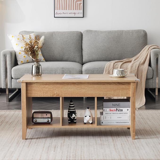 VINGLI Farmhouse Lift Top Coffee Table, Rustic Grey with Storage Shelf/Hidden Compartment, Mesa De Centro para Sala, Rustic Brown (Rattan Natural, 40" L)