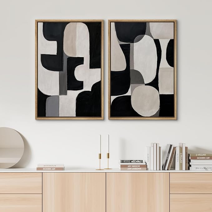 SIGNWIN Framed Canvas Print Wall Art Set Modern Black White Geometric Abstract Minimalist Illustrations Modern Art Minimal Boho Relax/Calm for Living Room, Bedroom, Office - 24"x36"x2 Natural