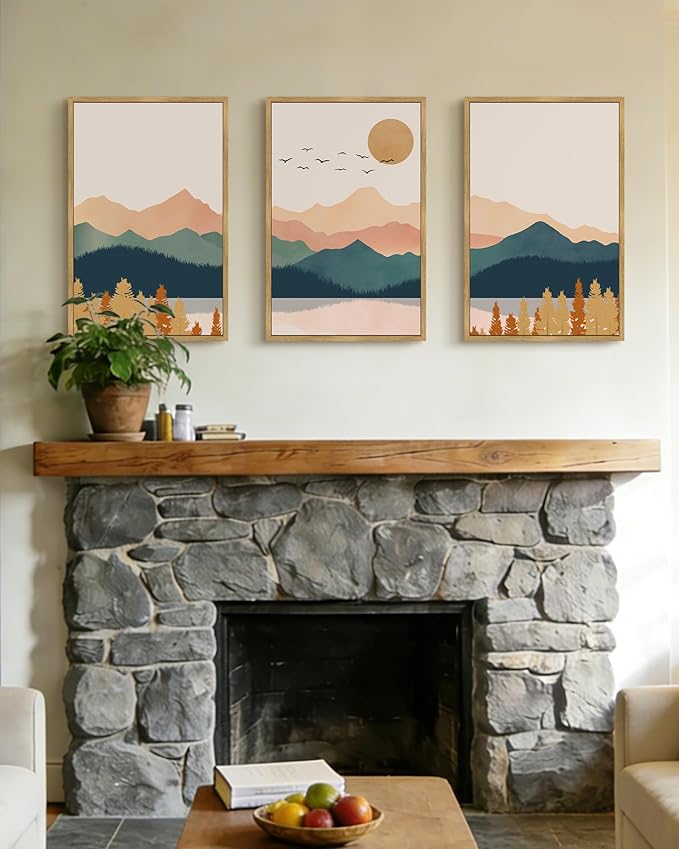 PHOPAGO Mountain Range Landscape Large 16x24in Framed Wall Art Watercolor Nature Laker Paints Boho Sun Rises Rustic Room Decor for Living Room Farmhouse - Natural Framed