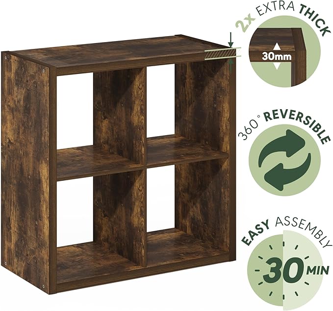 Furinno Cubicle Book Shelf, 4-Cube Bookshelf, Extra Thick Frame Reversible Bookcase with Open Back, 14.6" x 30" x 30", for Living Room, Bedroom, Home Office, Amber Pine