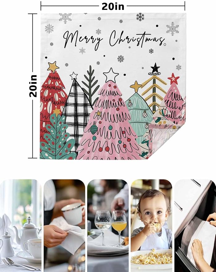 Christmas Cloth Napkins Set of 6, Pink Xmas Tree Washable Dinner Napkins Winter Snowflakes Rustic Plaid Table Reusable Napkin for Home Party Wedding Dining Table Setting Decoration, Oversized 20"x20"