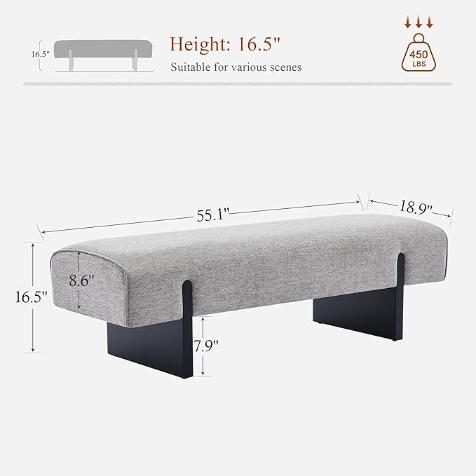 55’’ Upholstered End of Bed Bench, Linen Entryway Bench with Solid Wood Legs, Farmhouse Wooden Dining Room Bench for Bedroom, Living Room, Grey