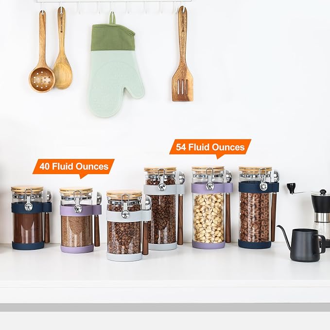 KKC 1.2L Airtight Glass Food Storage Jar with Bamboo Lid & Spoon - Clear Kitchen Canister for Nuts, Seeds & Snacks - Keeps Food Fresh & Crispy, Pantry Organization & Countertop Decor