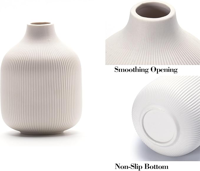 White Ceramic Vases for Decor, 3 Set Small Modern Minimalist Ribbed Vases Decorative for Table Shelf Decor Bookshelf Decoration Vase
