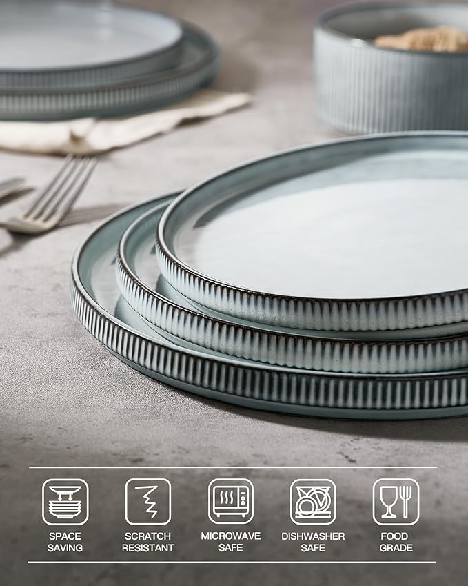 famiware Star Salad Plates for 6, 8 inches Plate Set, Stoneware Dinnerware, Small Dinner Plates for Dessert, Salad, Appetizer, Smoky Blue