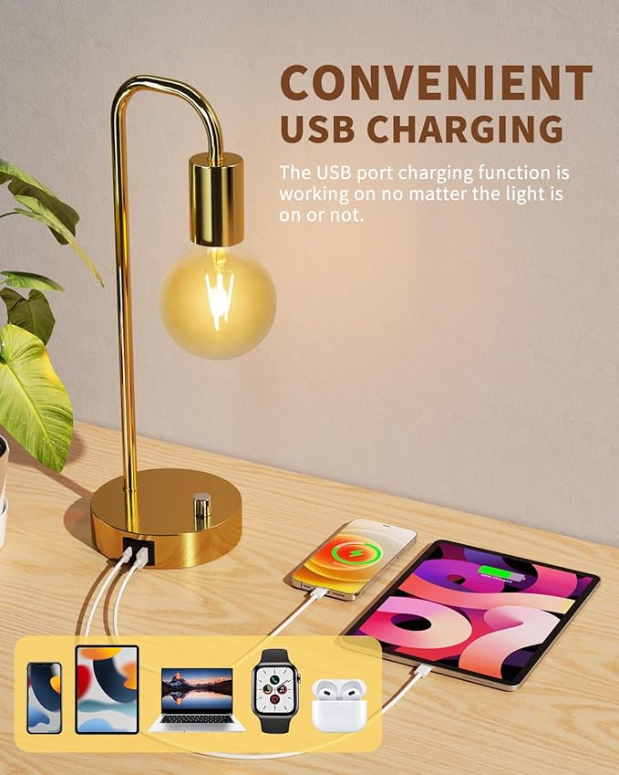 ONEWISH Industrial Table Lamp Set of 2 with USB A&C Charging Port, Stepless Dimmable Nightstand Bedside Lamps for Bedroom,Desk Lamps with 2700K Gold Gradient Bulb for Reading Living Room