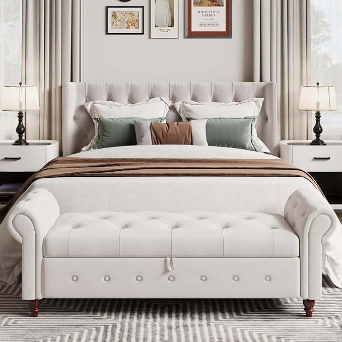 Modern 63'' Storage Ottoman Bench, Upholstered End Bed Bench with Curved Armrest, Button Tufted Entryway Bench with Wood Legs, Bed Bench for Bedroom, Living Room, Hallway (Beige)