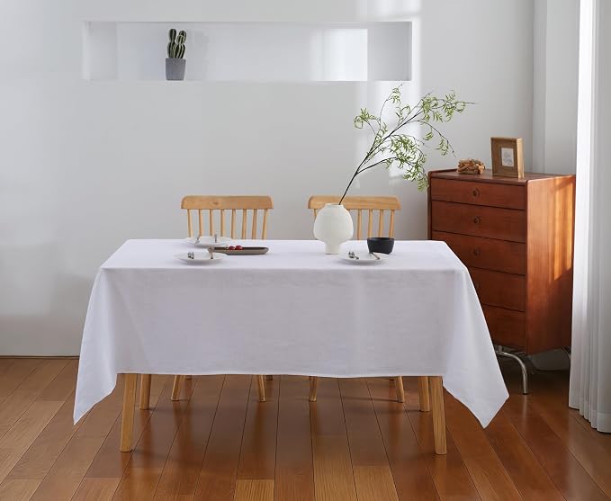 100% French Flax Linen Tablecloths Rectangle 144Lx60W Inch for Dinners, Parties, Easter, Halloween, Camping, Machine Washable, 12-14 Sets (60''x144'', White)