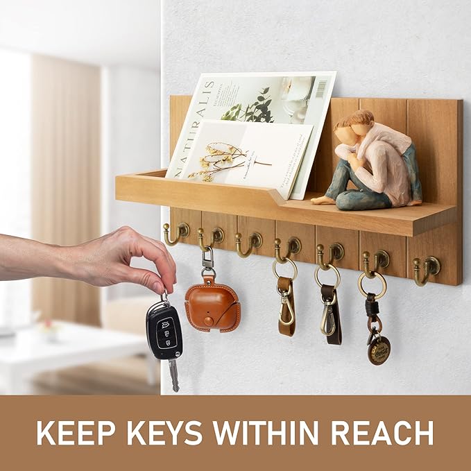 Rebee Vision Decorative Key Holder for Wall Shelf - Farmhouse Wood Wall Hanging Mail Organizer with 7 Sturdy Key Hooks for Home Entryway Decor - Stylish Key Racks (Light Brown,15-inch)