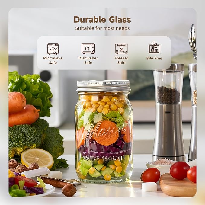 Mason Jars 32 oz,12 Pack Large Wide Mouth Mason Jar with Airtight Lids and Bands|Quart Glass Canning Jars for Pickling, Fermenting and Food Storage Microwave&Dishwasher Safe (12pack)