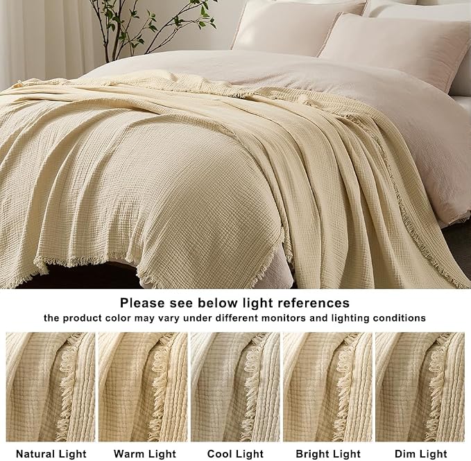 WDCOZY 100% Cotton Muslin Blanket Queen Size 4-Layer for Bed Breathable Lightweight Soft Large Boho Farmhouse Linen Tassels Ruffle Gauze Blankets All Season for Adults 90x90 Inches Beige Tan Neutral
