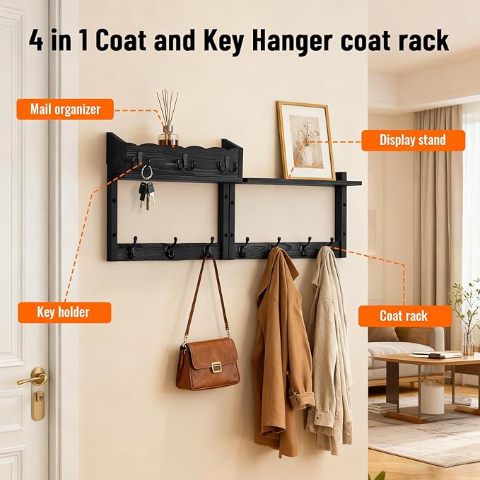 28" Coat Rack Wall Mount with Shelf, Entryway Key Holder Wall Mount Wood Wall Coat Hooks with 7 Hooks 3 Key Hanger, Wall Mounted Coat Rack Mail Holder for Living Room, Bedroom