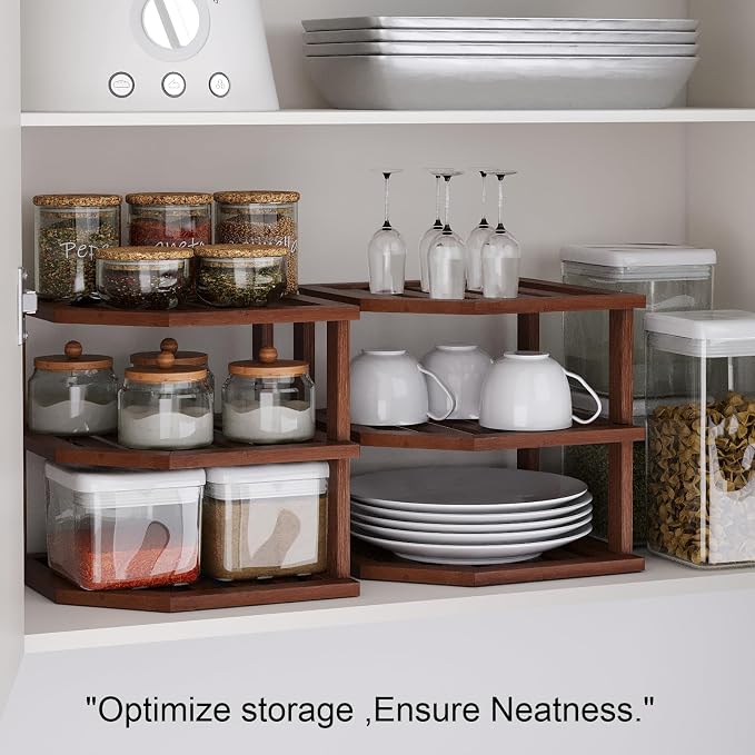VERTORGAN 3 Tier Bamboo Corner Shelf(2 pack),Dish Drying Rack,Plate Organizer,Kitchen Spice Rack for Countertop and Cabinet,Pantry Organization and Storage(Brown)