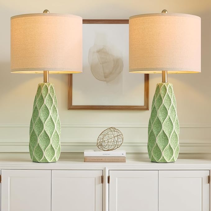27.5" Ceramic Table Lamps for Living Room Bedroom Lamps Set of 2 Modern Boho Bedside Lamps Night Stands Farmhouse Vintage Large Nightstand Lamp Reading Light Home Office Dorm Desk Deco Gifts, Green