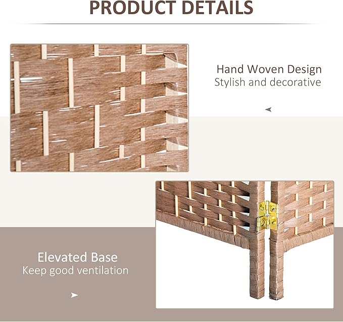 HOMCOM Room Divider 3 Panel, 6FT Tall Folding Privacy Screen, Freestanding Hand-Woven Partition for Room Separation with 360° Hinges, Paper Rope Diamond Weave, Natural